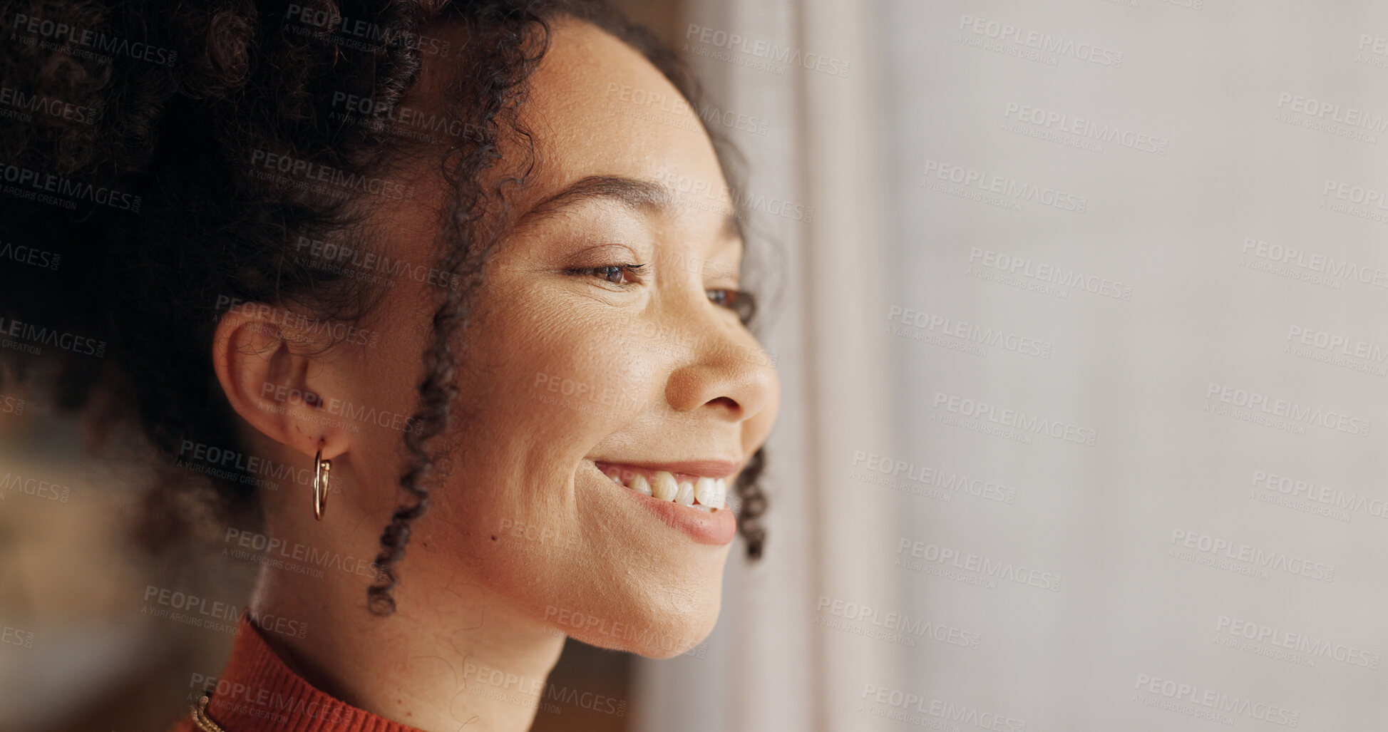 Buy stock photo Profile, happy woman and thinking of future in home, plan or reflection of mindset by window view or curtains. Living room, smile and African girl with vision, ideas and dream on mockup space banner