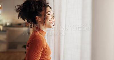 Buy stock photo Smile, woman and thinking of future in home, planning and reflection of mindset by window view or curtains. Living room, happy and African girl with vision, ideas and dream for morning inspiration