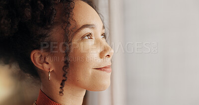 Buy stock photo Profile, woman and planning future in home, thinking or reflection of mindset by window view or curtains. Living room, decision and African girl with vision, ideas and dream on mockup space banner