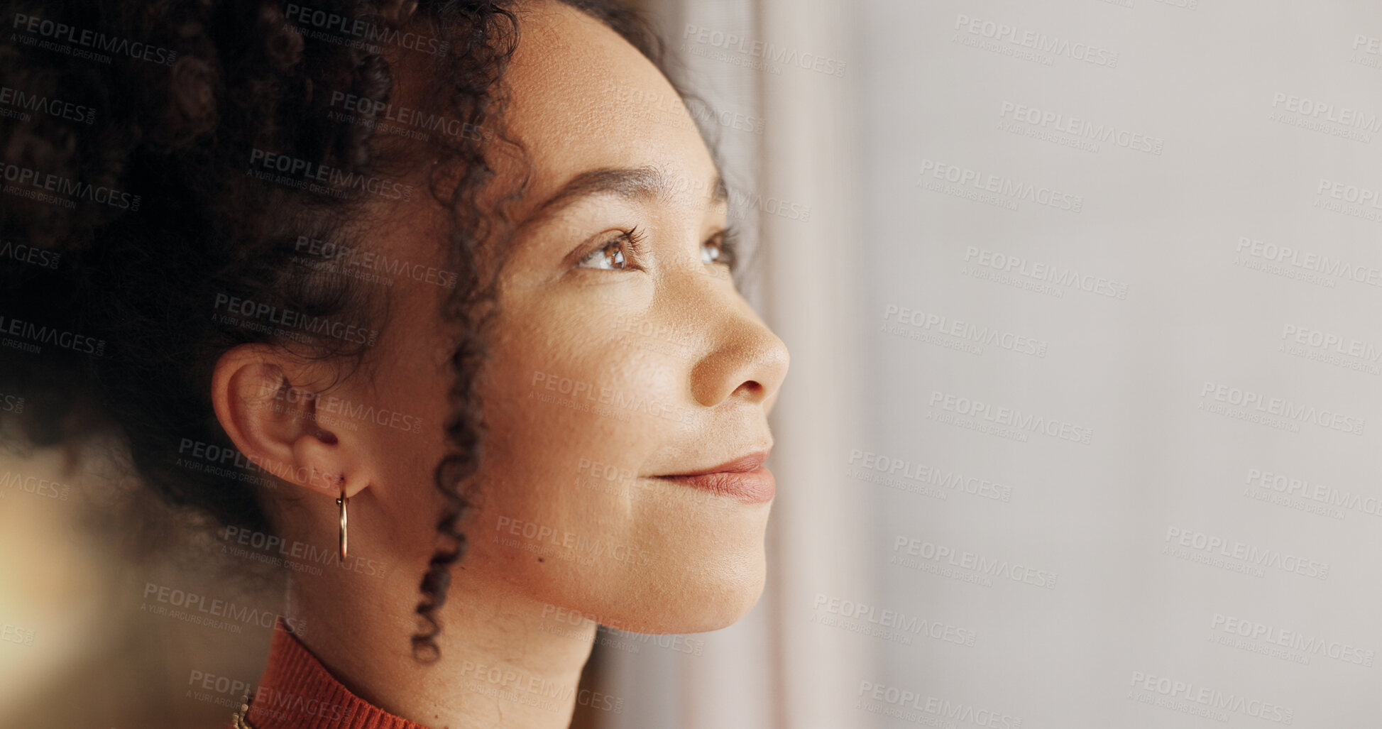 Buy stock photo Profile, woman and planning future in home, thinking or reflection of mindset by window view or curtains. Living room, decision and African girl with vision, ideas and dream on mockup space banner