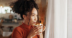 Aroma, coffee and thinking with face of woman in living room of home for idea, memory or nostalgia. Future, planning and vision of African person in apartment with fresh caffeine beverage in cup