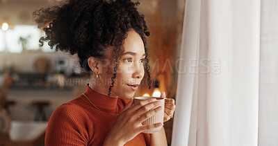 Buy stock photo Aroma, coffee and thinking with face of woman in living room of home for idea, memory or nostalgia. Future, planning and vision of African person in apartment with fresh caffeine beverage in cup