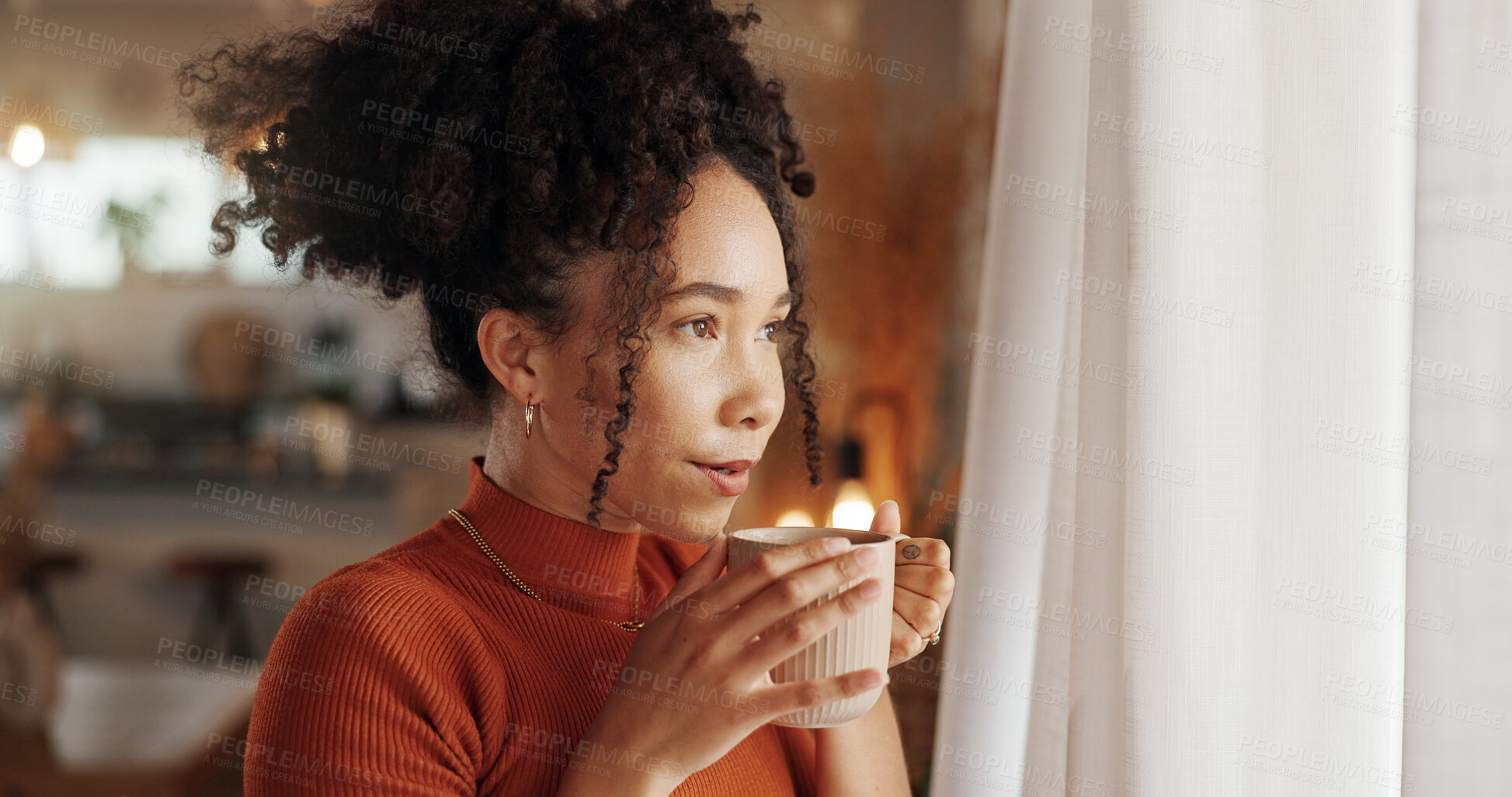 Buy stock photo Aroma, coffee and thinking with face of woman in living room of home for idea, memory or nostalgia. Future, planning and vision of African person in apartment with fresh caffeine beverage in cup