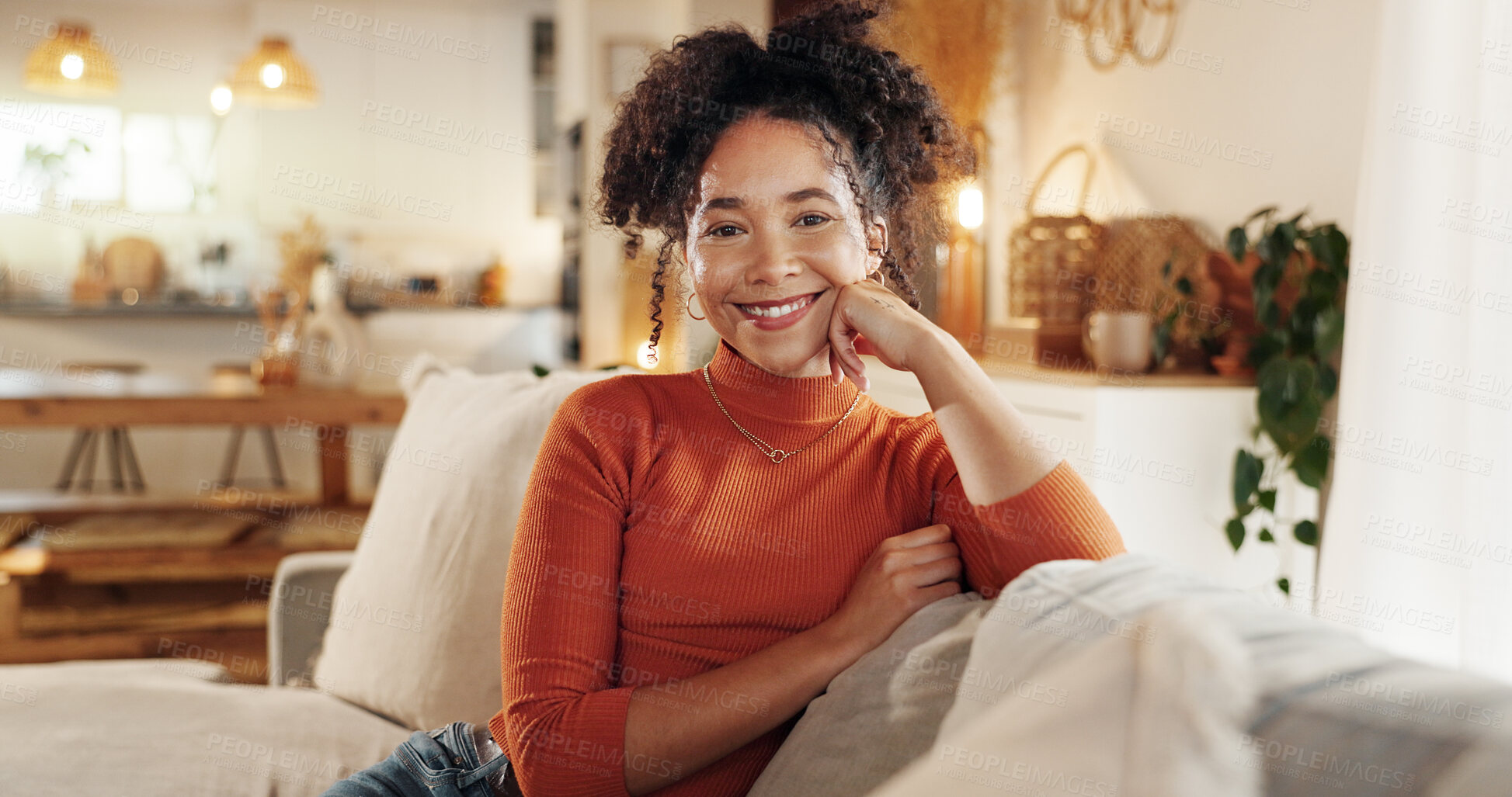 Buy stock photo Portrait, relax and wellness with woman on sofa in living room of home for morning or weekend free time. Break, face and smile with happy African person resting in apartment for calm, peace or quiet