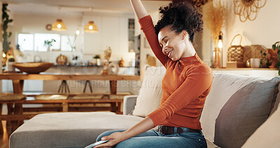 Buy stock photo Celebration, phone and smile with winner woman on sofa in living room of home for success. Alert, bonus and notification with reaction of happy African person cheering promo on mobile in apartment