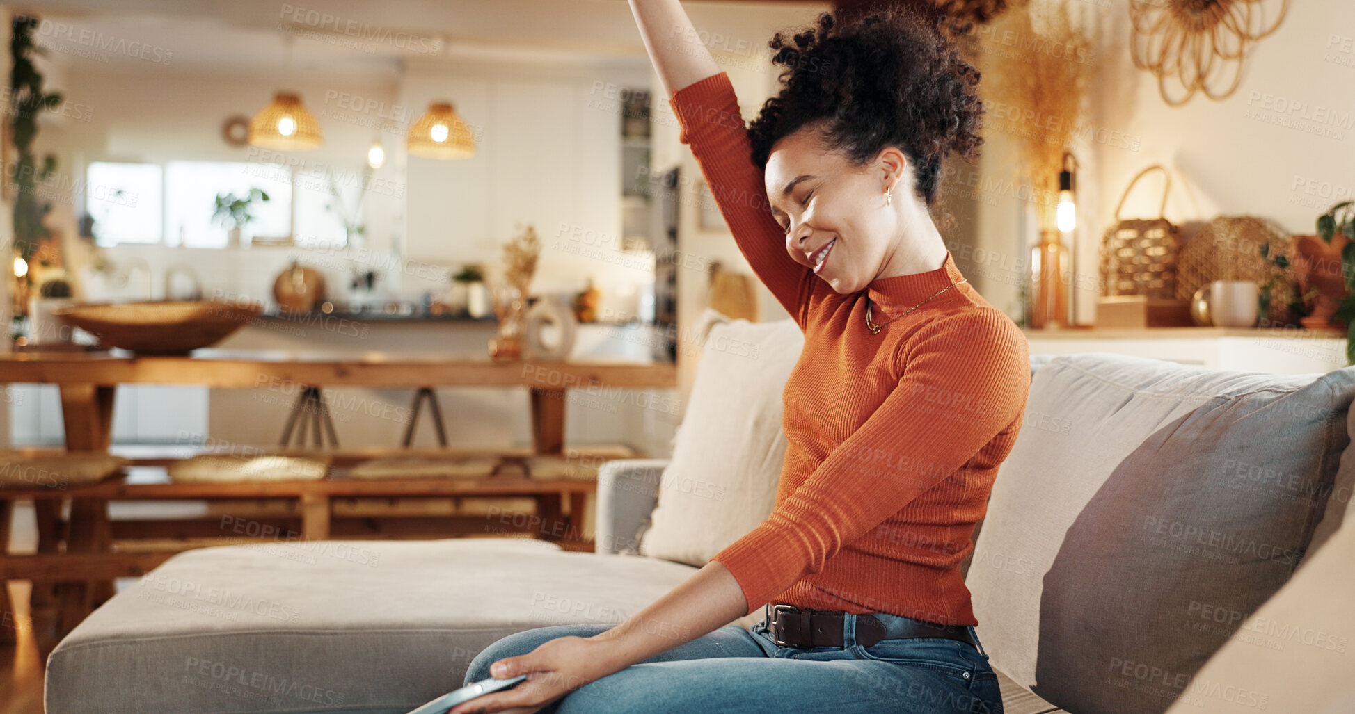 Buy stock photo Celebration, phone and smile with winner woman on sofa in living room of home for success. Alert, bonus and notification with reaction of happy African person cheering promo on mobile in apartment