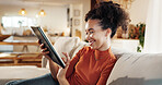 Relax, smile and tablet with woman on sofa in living room of home for social media browsing. App, break and wellness with happy African person in apartment for banking, ecommerce or online shopping