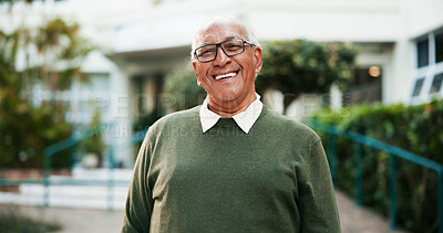 Buy stock photo Portrait, smile and senior man outdoor by nursing home for wellness, health or life insurance. Glasses, retirement or face of happy elderly person at garden to relax, fresh air or confident in Brazil