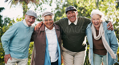 Buy stock photo Senior people, portrait and bonding in community as pensioner for activity, support and wellness. Group, elderly care and friends for outdoor, garden or backyard in nursing village or retirement home