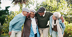 Senior people, together and outdoor in retirement home as pensioners for support, wellness and relax. Group, elderly care and friends for bonding in garden or backyard as nursing village or community