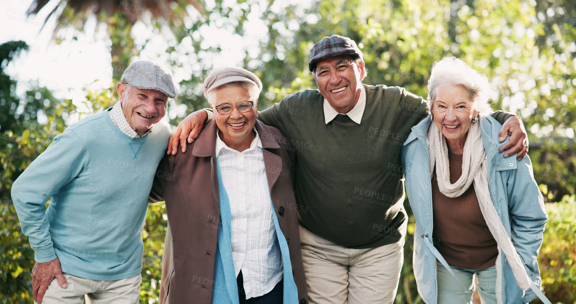 Buy stock photo Senior people, portrait and outdoor in retirement home as pensioners for activity, support and relax. Group, elderly care and friends for bonding in garden or backyard as community in nursing village