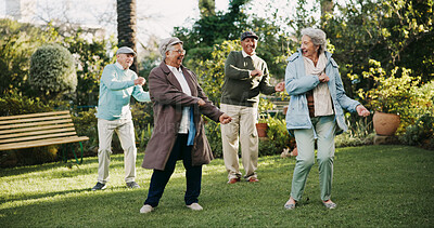 Buy stock photo Happy, senior people and dancing outdoor for retirement activity, movement and wellness routine of community. Elderly, group and friends with support for energy, celebration and carefree fun at park