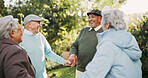 Group, senior people and holding hands outdoor for retirement fun, reunion and wellness routine. Smile, elderly and friends circle with community, morning support and comic joke for bonding together