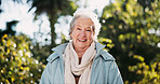 Portrait, smile and senior woman outdoor for wellness, health or life insurance in nature. Face, retirement and happy elderly person at garden for relax, fresh air or laughing in winter in Australia