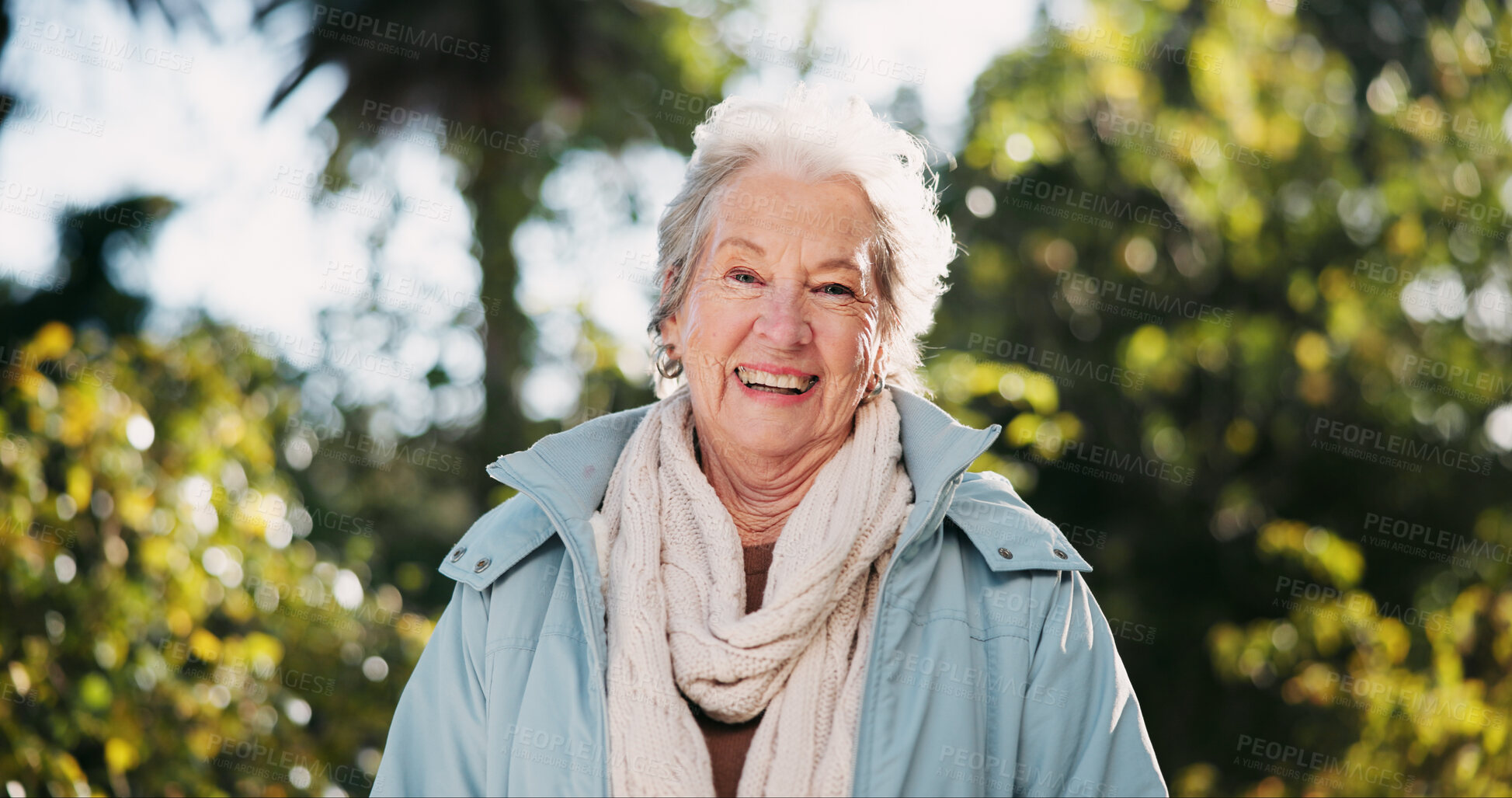 Buy stock photo Portrait, smile and senior woman outdoor for wellness, health or life insurance in nature. Face, retirement and happy elderly person at garden for relax, fresh air or laughing in winter in Australia