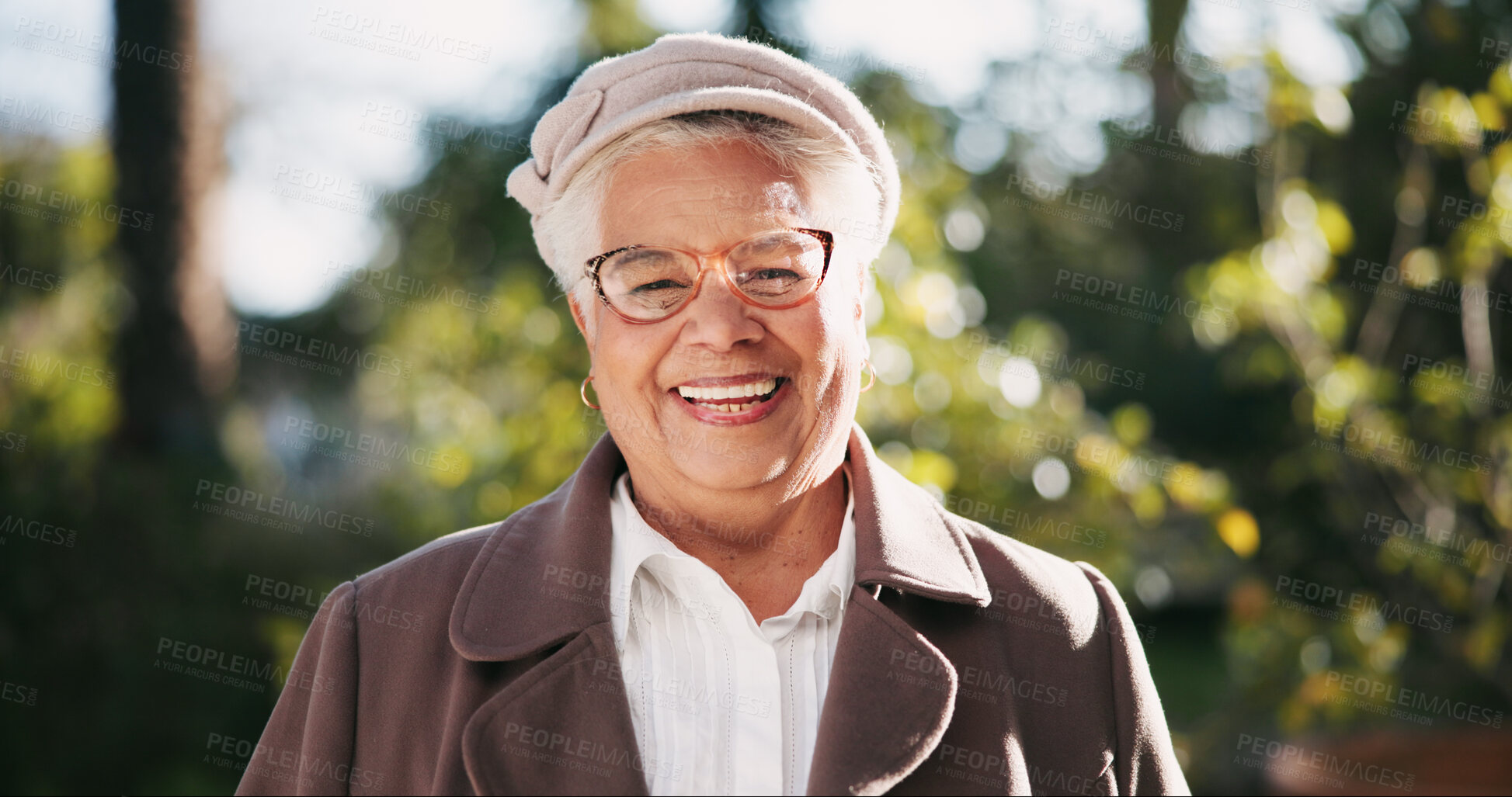 Buy stock photo Portrait, smile and senior woman in nature for wellness, vision or life insurance outdoor. Glasses, retirement and face of happy elderly person with hat for protection, relax and laughing in Mexico