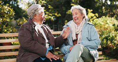 Buy stock photo Senior women, together and bonding in community as pensioners for activity, talking and relax. People, elderly care and friends for outdoor, garden or backyard in nursing village or retirement home