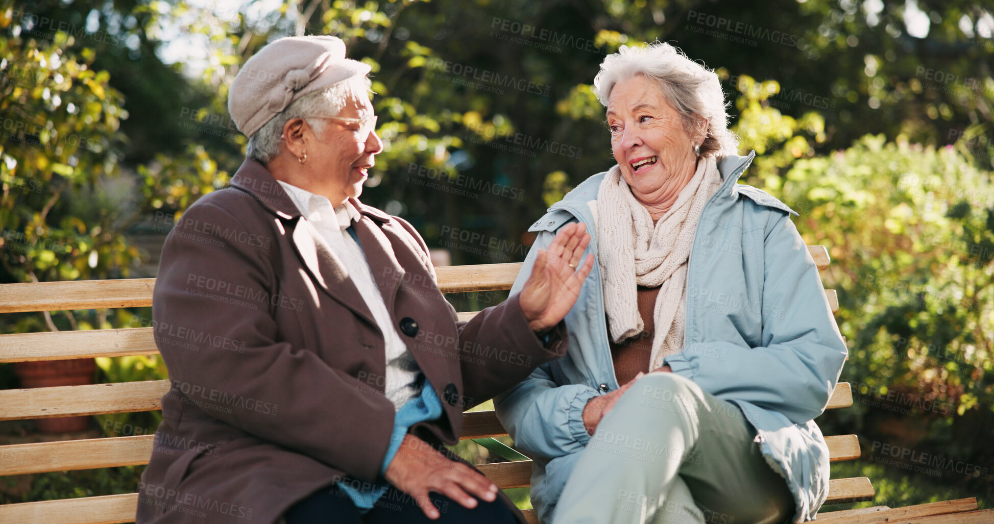 Buy stock photo Senior women, together and bonding in community as pensioners for activity, talking and relax. People, elderly care and friends for outdoor, garden or backyard in nursing village or retirement home