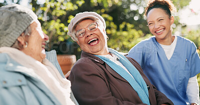 Buy stock photo Nurse, senior women and laughing at park for funny conversation, community care and rehabilitation. Caregiver, retirement and friends relax in garden together for support, healthcare and happiness