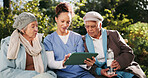 Caregiver, senior women and tablet for telehealth, daily schedule and wellness app in retirement. Elderly people, helping and tech for patient as nurse for support, advice and outdoor in nursing home