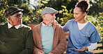 Nurse, senior men and talking for consulting, daily schedule and wellness in nursing home. Elderly people, medic and discussion with patient as caregiver for support, advice or outdoor in retirement
