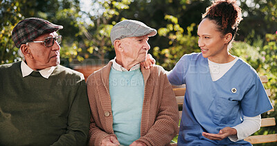 Buy stock photo Nurse, senior men and talking for consulting, daily schedule and wellness in nursing home. Elderly people, medic and discussion with patient as caregiver for support, advice or outdoor in retirement