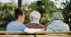 Relax, nurse and senior women at park for community care, healthcare or rehabilitation. Caregiver, retirement and friends at garden for conversation on bench, medical support or help with back view