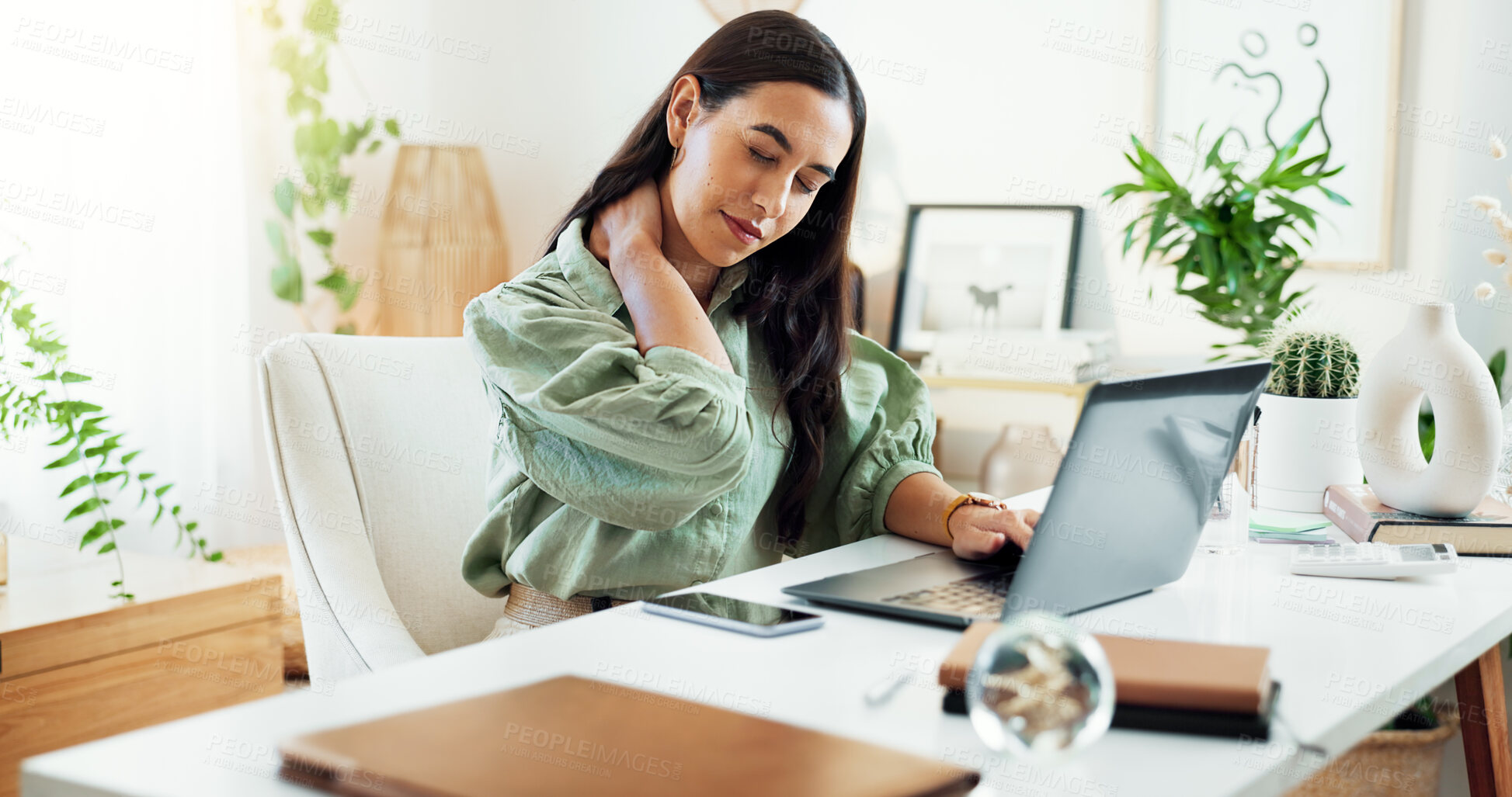 Buy stock photo Frustrated, business woman or laptop with neck pain for stress, overworked or strain at office. Young, female person or employee with injury or sore ache on technology in burnout, fatigue or pressure