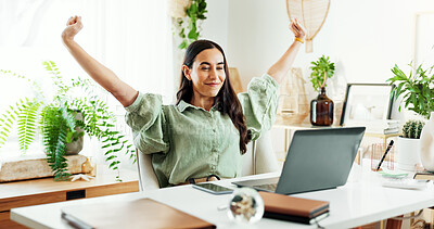 Buy stock photo Smile, stretching and woman at laptop in home office with research, achievement and deadline for freelance project. Remote work, relax and happy consultant at desk with good news, email and success