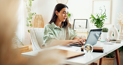 Buy stock photo Laptop, typing and woman at desk in home office with growth, development and planning for freelance project. Remote work, connectivity and writer with computer for online research, review or article