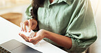 Business woman, hands and pills with medication for dosage, painkillers or pharmaceuticals at office. Closeup, female person or employee with tablets, dispenser or container for medical healthcare