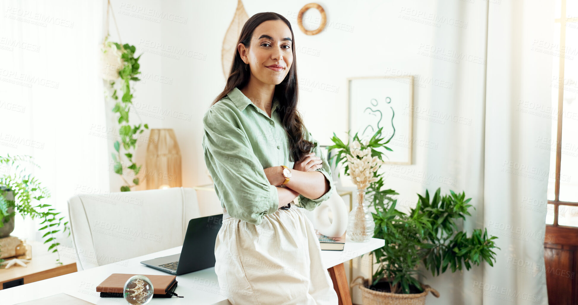 Buy stock photo Smile, confidence and portrait of woman in home office with pride, opportunity and sustainable business. Remote work, happy and freelance consultant with arms crossed, online project or relax at desk