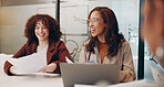 Group of people, documents and laughing in meeting, discussion or workshop for success or achievement. Team, business and excited for workplace, win and positive with colleagues, together and happy
