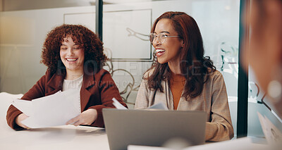 Buy stock photo Group of people, documents and laughing in meeting, discussion or workshop for success or achievement. Team, business and excited for workplace, win and positive with colleagues, together and happy