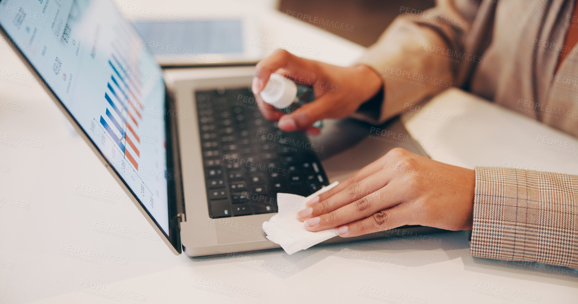 Buy stock photo Business, hands and wipe laptop with sanitizer in office for hygiene, bacteria safety and disinfection. Professional, trader and person with alcohol spray for cleaning keyboard and virus protection