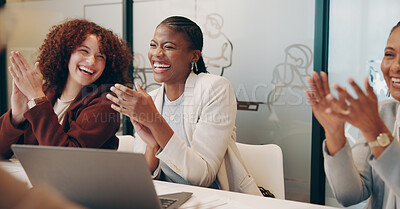 Buy stock photo Team, people and applause in meeting, discussion and workshop for success or achievement. Group of people, clapping and excited for workplace, winner and positive with colleagues, together and happy