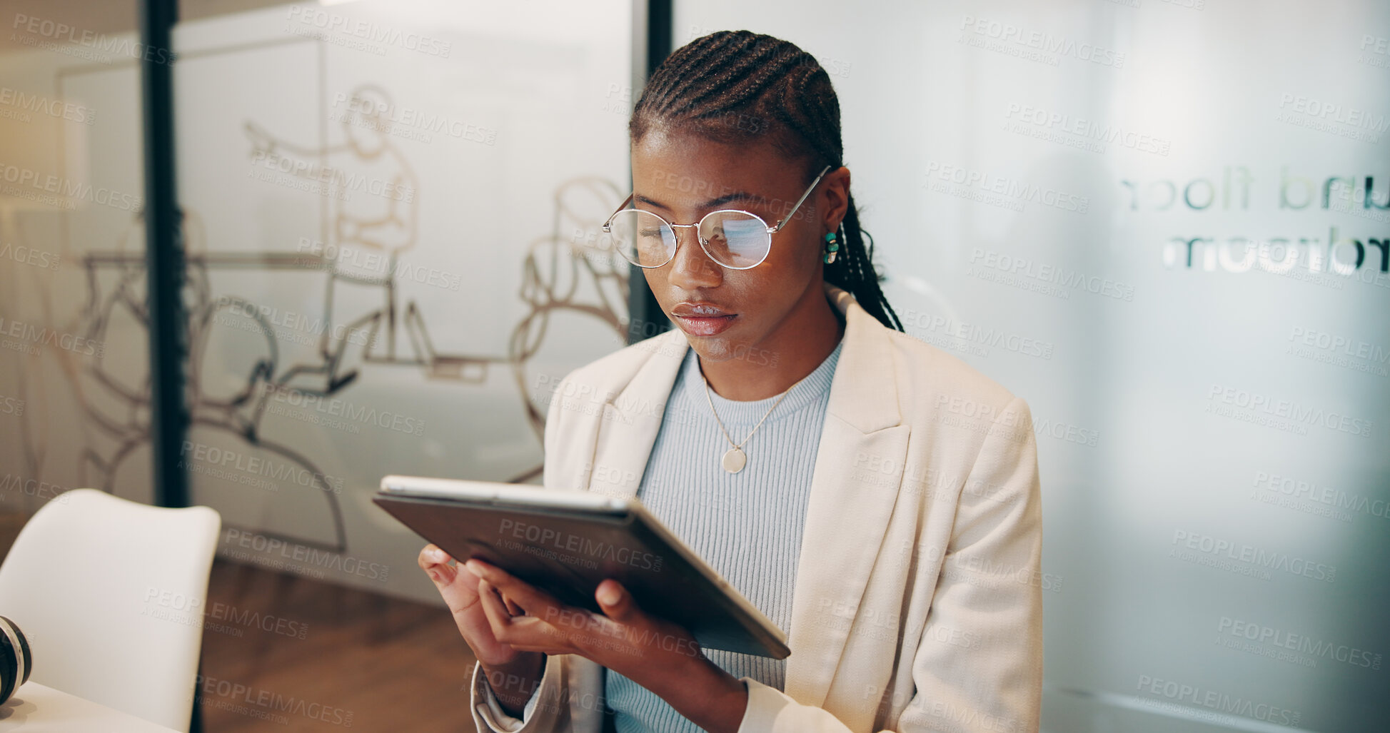 Buy stock photo Black woman, coordinator and reading with tablet or glasses for strategy, ideas or research at office. Young African, female person or employee with technology for online browsing or app at workplace