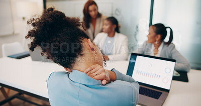 Buy stock photo Business, woman and laptop with neck pain in office for bad posture, strain or stress of company statistics. Professional, back and auditor with charts screen for burnout, overworked or uncomfortable