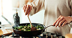 Spoon, cooking and hands of woman in kitchen with food, health and wellness with traditional recipe for lunch. Diet, nutrition and girl with frying pan, vegetables and meal prep for dinner in home.