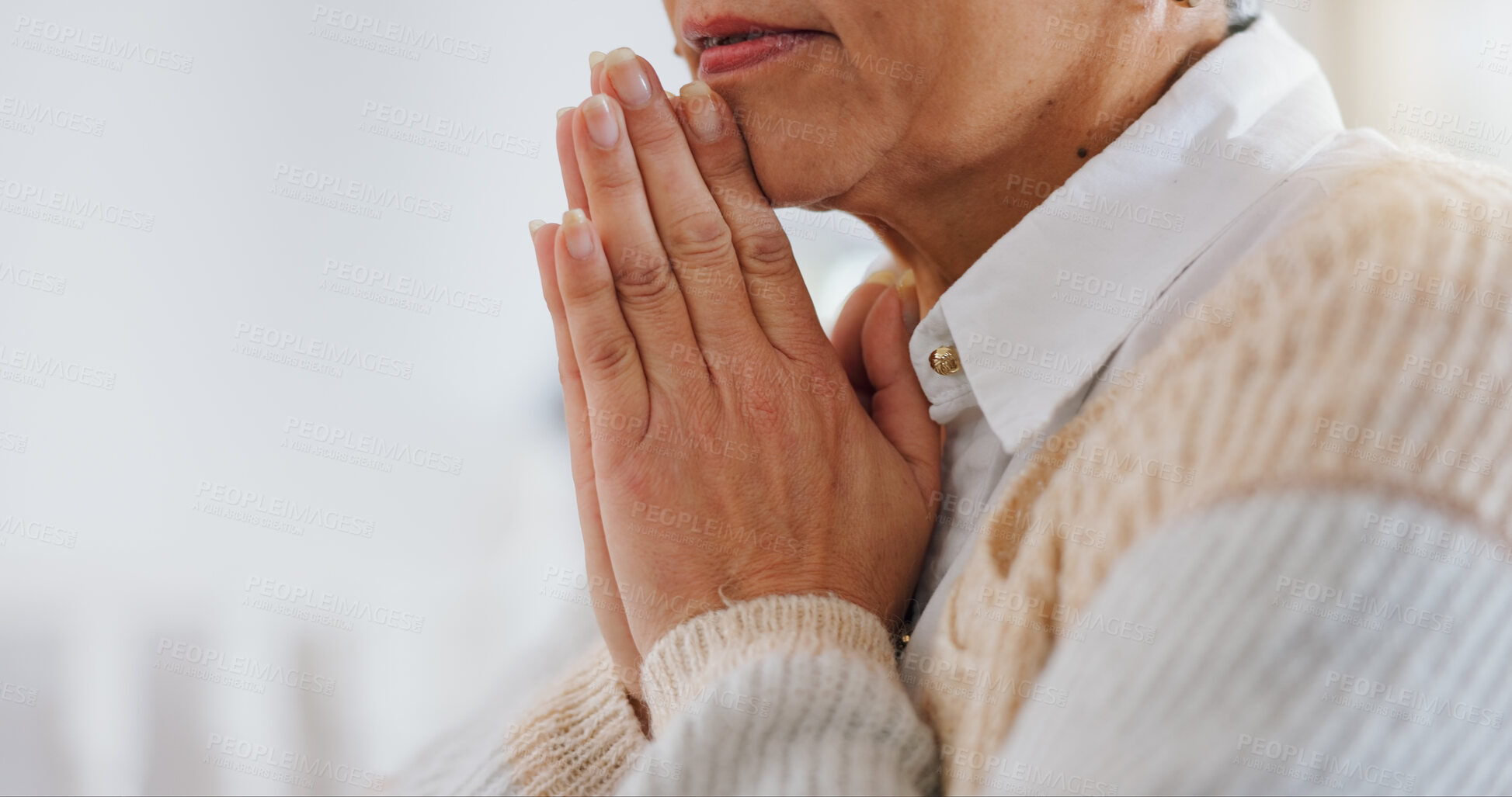 Buy stock photo Christian, hands and praying with senior woman in home for religious healing, mercy or worship to Jesus. Forgiveness, peace and female person with faith for religion, hope and guidance in Holy Spirit