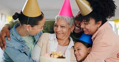 Buy stock photo Hug, family and celebration with grandma on birthday for surprise, present and special event at home. Party hat, happy people and senior woman with gesture of love for gratitude, care and support