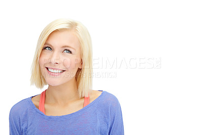 Buy stock photo Thinking, woman and happiness for skincare, wellness and anti aging on white background or mockup. Female person, smile and pride with ideas for cosmetics, facial treatment and product in dermatology