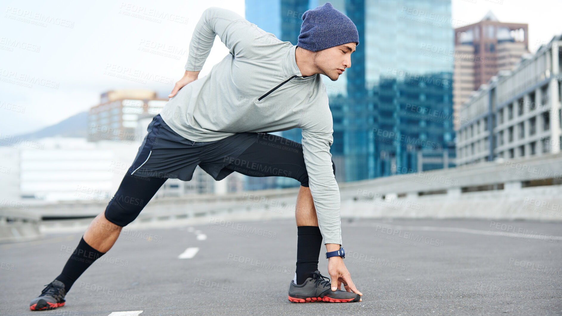 Buy stock photo Man, stretching and city for fitness outdoor with marathon training, cardio exercise and muscle growth. Active, runner and warm up with workout performance, health goal and sports challenge.