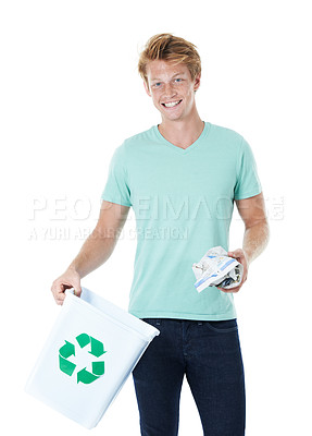 Buy stock photo Man, trash bin and recycling paper in studio with smile, accountability and portrait for waste by white background. Person, volunteer and container for newspaper, icon and cleaning garbage in Ireland