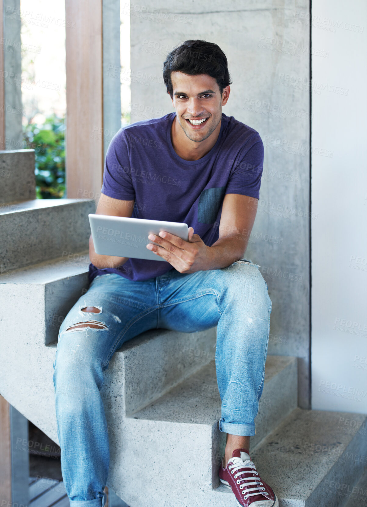 Buy stock photo Man, happiness and portrait with tablet on stairs for social media and digital app in Italy. Male person, style and smile on website for fashion tips, communication and networking and connection