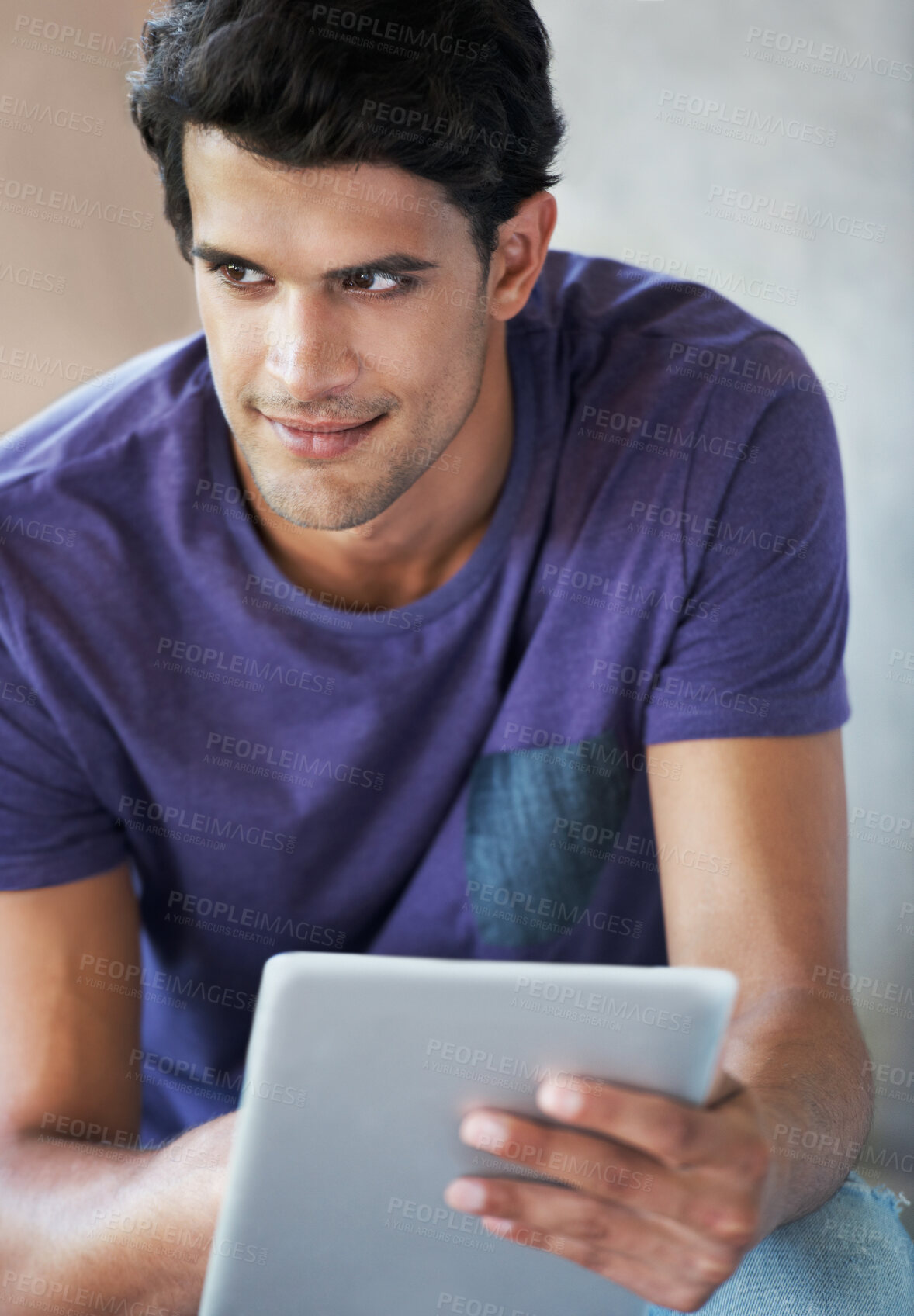 Buy stock photo Man, thinking and portrait with tablet on stairs for social media, digital app and online. Male person, style and smile on website for fashion tips, communication and networking and connection