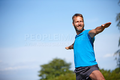 Buy stock photo Nature, man or stretching outdoor with yoga for exercise, balance or mobility at park. Pilates, mature yogi or warrior pose with smile for workout, holistic wellness or posture with fitness on mockup