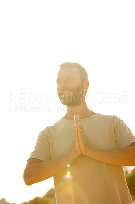 Buy stock photo Happy man, thinking and namaste outdoor for yoga, fitness and exercise with respect, sunshine and peace. Male person, idea and low angle with prayer hands in nature for spiritual, zen and chakra