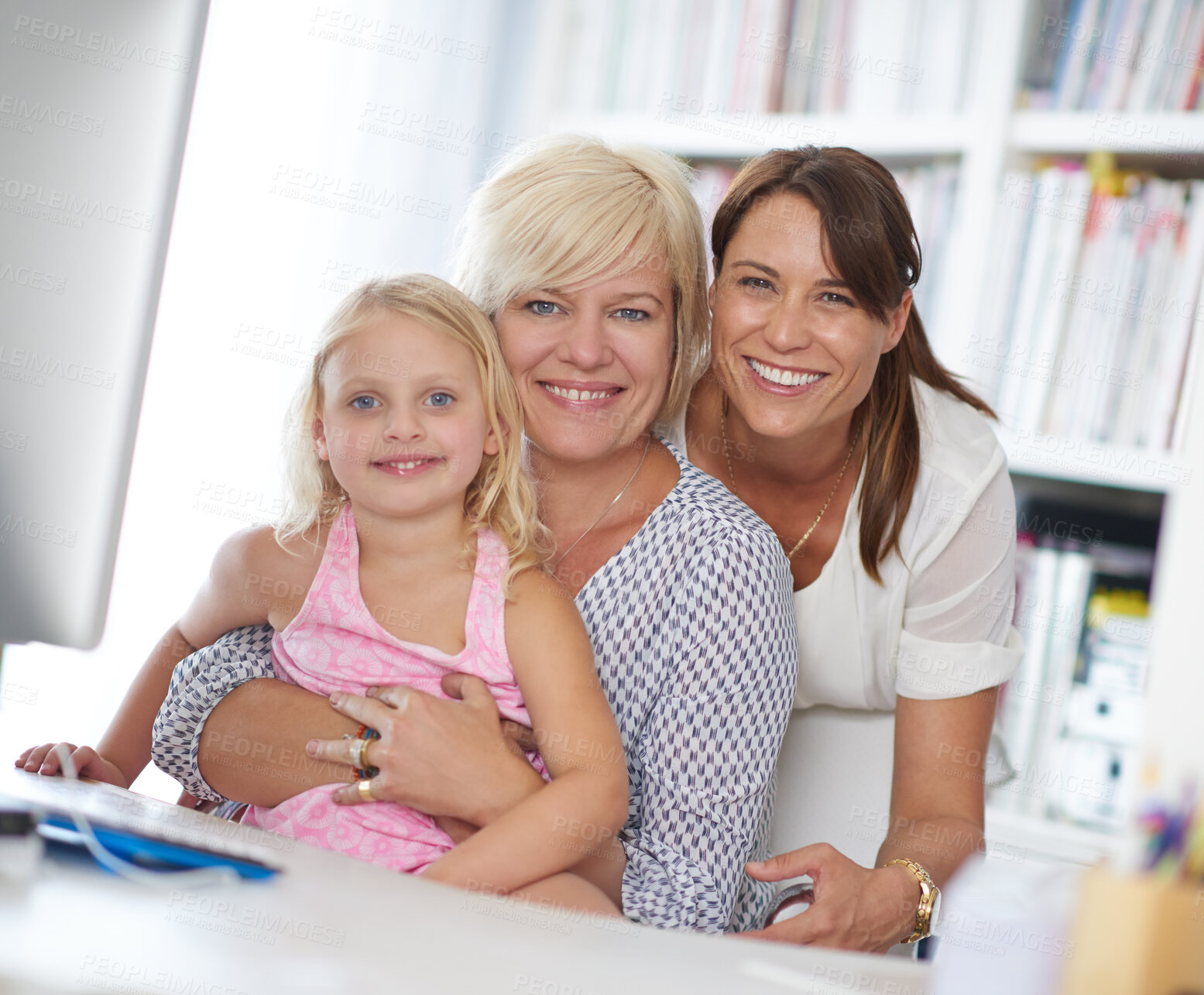 Buy stock photo Portrait, grandma and mother with kid by computer for educational game, internet or online streaming. Happy, family and women with girl by desk at home for learning, support or knowledge in childhood