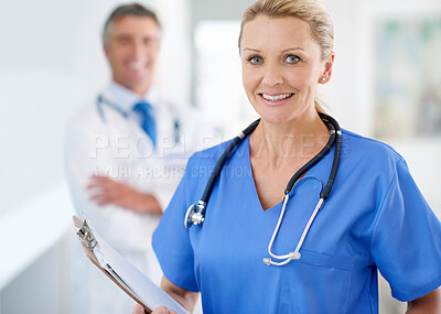 Buy stock photo Mature woman, doctor and work portrait with hospital clipboard, healthcare and clinic professional with confidence. Cardiology, stethoscope and wellness with happy and smile at ICU care as surgeon